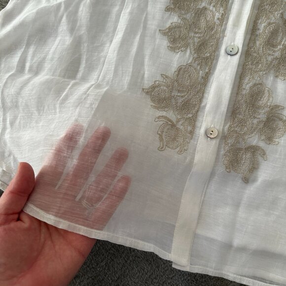 Nic + Zoe White Embroidered Button Down Blouse Shirt LARGE Sheer Mixed Media - Picture 2 of 7